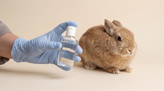 Hand in Blue Glove Holding Hand Sanitizer Near a Small Brown Rabbit