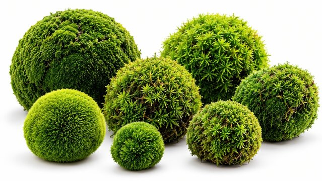 Group of varied green moss balls and clumps arranged on white background for decorative floral arrangements.