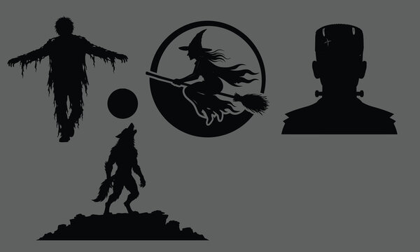 Halloween monster silhouette set with witch werewolf frankenstein and mummy vector