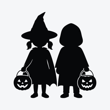 Cute kids in halloween costumes holding jack o lantern pumpkins trick or treat vector