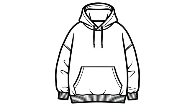 Line art illustration of a hooded sweatshirt featuring a front pocket and drawstring hood