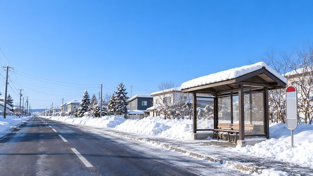 Snow covered roadside bus stop shelter in a Japanese town during winter