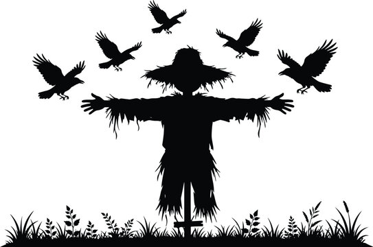 Scarecrow silhouette in a field surrounded by flying crows for halloween design vector
