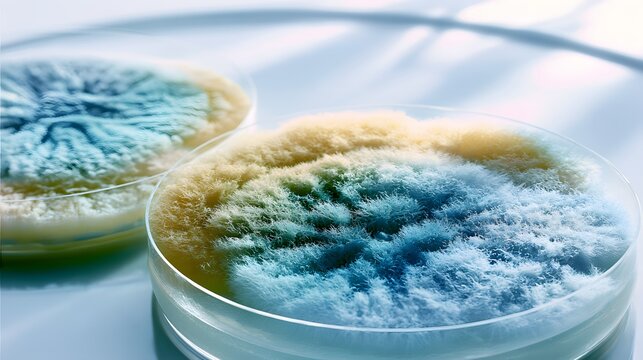 Two petri dishes with fuzzy mold and fungi colonies on white surface