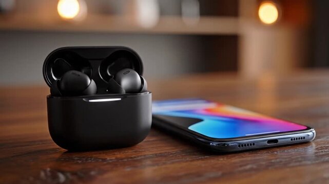Wireless earbuds rest inside open charging case beside smartphone on wooden table. Black earphones and illuminated mobile screen create polished technology still life with warm indoor lighting.