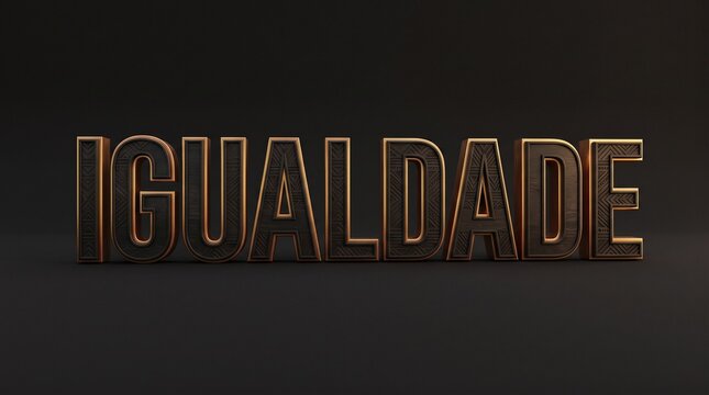 Palavra Igualdade em letras 3D de bloco com contorno dourado e padr&otilde;es africanos