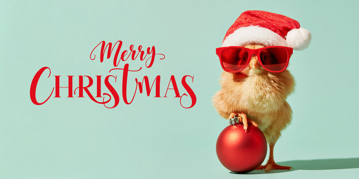 Merry Christmas xmas concept holiday funny animal greeting card with text - Cool cute chick with santa hat, isolated on aquamarine background