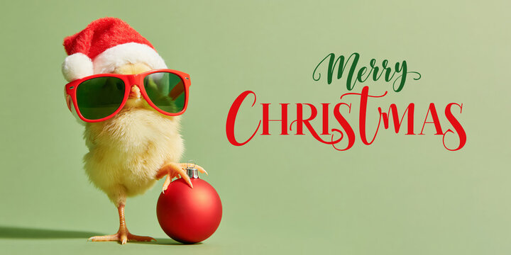 Merry Christmas xmas concept holiday funny animal greeting card with text - Cool cute chick with santa hat, isolated on green background