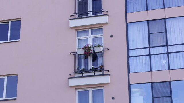 Pastel-toned apartment facade features compact balconies adorned with potted blooms and framed by sleek window grids