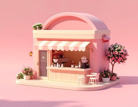 A pastel pink miniature 3D rendered cafe storefront stands under a soft light.
