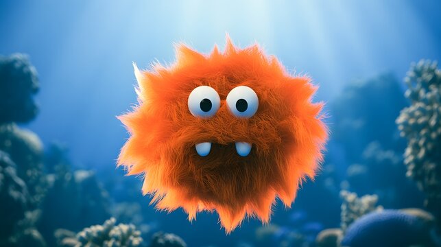 Orange fuzzy sea creature with white eyes in blue coral reef
