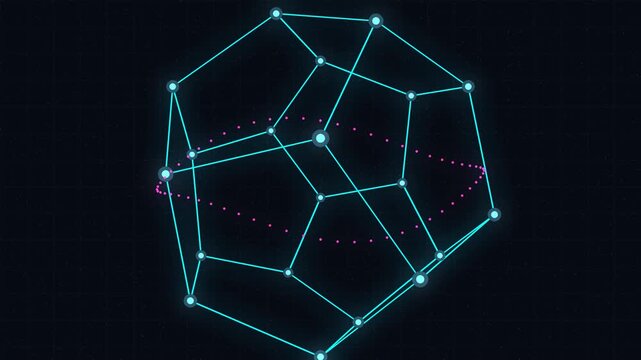 Rotating wireframe dodecahedron with glowing vertices, loop