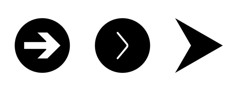 Minimalist black and white navigation icons featuring directional right arrows enclosed in circular buttons and a standalone pointer symbol
