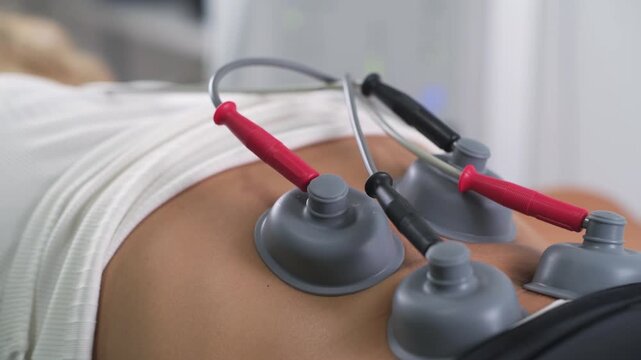 Electrotherapy electrodes attached to a patient&rsquo;s lower back during a physiotherapy treatment focused on muscle stimulation, pain management, recovery, and rehabilitation.