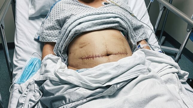 Close up of a patient lying in a hospital bed showing a horizontal surgical incision on the abdomen after a medical operation with medical monitoring equipment and a blue surgical mask