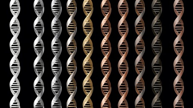 Multiple vertical DNA double helix strands in metallic colors
