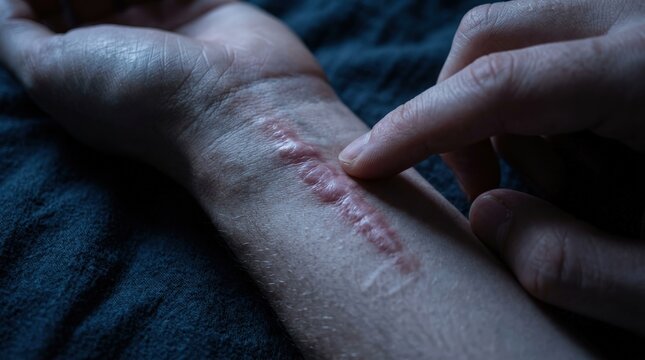 Close up of a person touching a raised hypertrophic scar on their forearm in a dim moody setting representing healing, dermatological skin condition, or recovery from injury