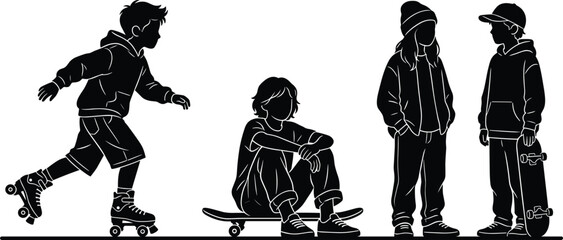 Black silhouettes of teen friends hanging out outdoors with skateboard and roller skates isolated graphic vector © MSTFAHMIDA