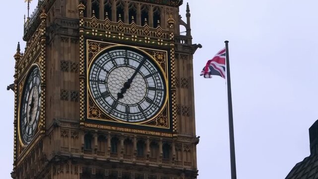 Big Ben Clock Tower and Union Jack Flag in London, United Kingdom