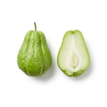 Fresh Whole and Halved Chayote Squash Isolated on White