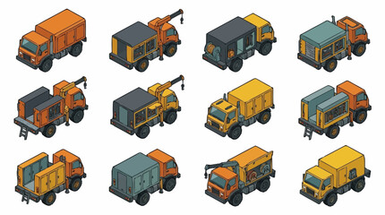 Creative Isometric of 12 Colorful Construction Trucks with Various Equipment and Attachments with high quality professional line art symbols for modern creative design and digital branding projects © Madu