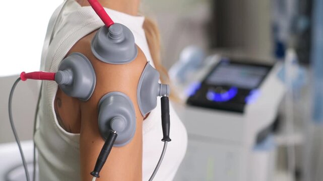 Electrotherapy electrodes positioned around a patient&rsquo;s shoulder during a physiotherapy session focused on muscle stimulation, rehabilitation, pain management, and recovery.
