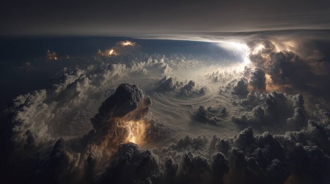 Intense lightning strikes illuminate dramatic storm clouds gathering in a turbulent sky