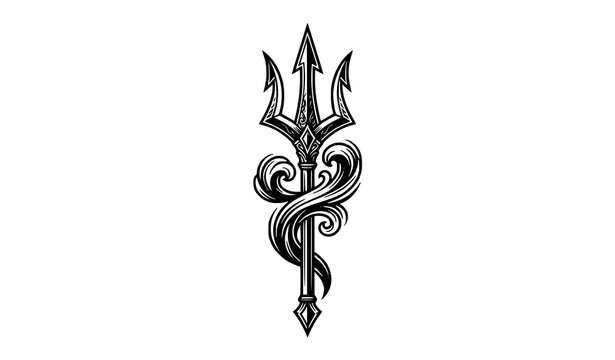 Ornamental mythological trident vector illustration with elegant ocean wave line art isolated on white background