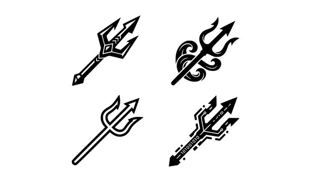 Minimalist trident vector icon set featuring four different geometric black and white sea spear symbols for UI design