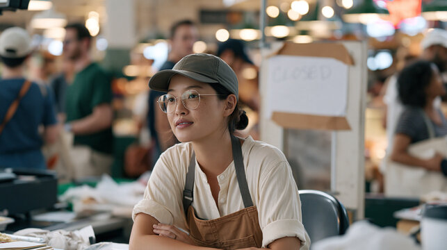 Wide shot of a crowded checkout area where a kids cooking class instructor relaxes after a long demonstration finally ends, a handwritten sign taped to a door behind her reading