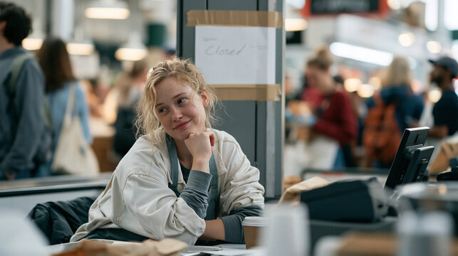 Wide shot of a crowded checkout area where a kids cooking class instructor relaxes after a long demonstration finally ends, a handwritten sign taped to a door behind her reading