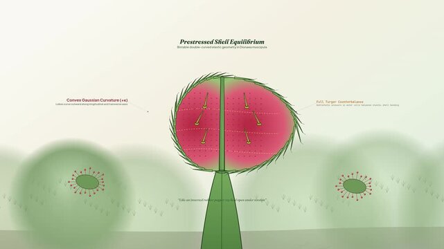 Educational animation detailing the biomechanical architecture of Dionaea muscipula illustrating the snap-buckling inversion mechanism of a Venus flytrap capturing an insect prey