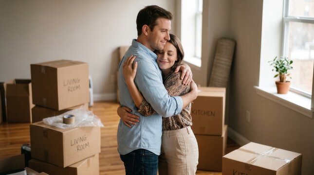 Couple embracing near moving boxes in new home with warm happiness during relocation and unpacking