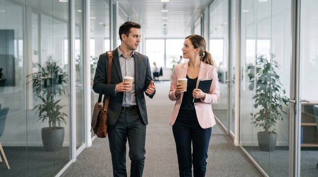 Employees walking and talking in modern office hallway, carrying coffee and notebooks while sharing friendly workplace conversation