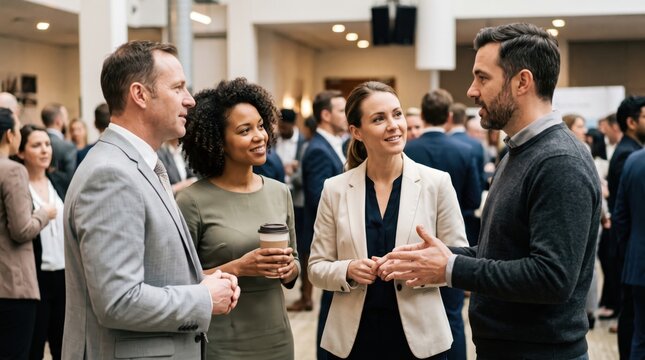 Professionals engaging in workplace networking conversation at crowded business event with diverse colleagues, friendly expressions, and coffee