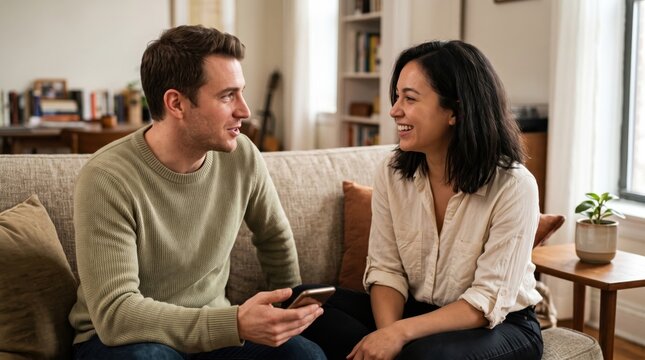 Two people conversing on couch with smartphone during relaxed conversation at home, smiling together in warm living room with natural light and friendly emotion