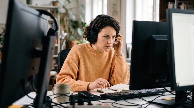 Woman focused on computer screen, working at office desk while speaking on telephone, with notebook and equipment nearby, expressing concentration during busy workday