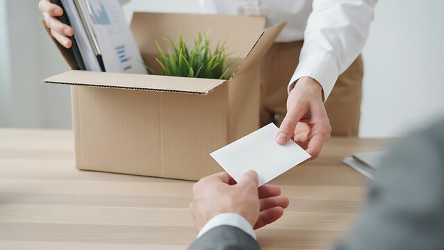 Job termination and resignation, hand receiving envelope from box of belongings