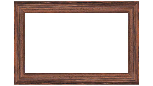 Dark brown wooden frame isolated on white background with empty center space