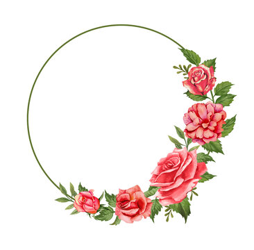 Delicate round botanical frame decorated with red and pink roses, green leaves, and spacious white copy space. Watercolor wreath for decoration, scrapbooking and greeting card