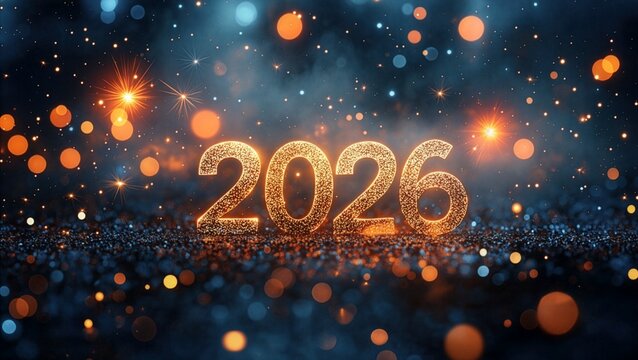 Happy New Year 2026 background with sparkling golden number and dark blue bokeh glitter