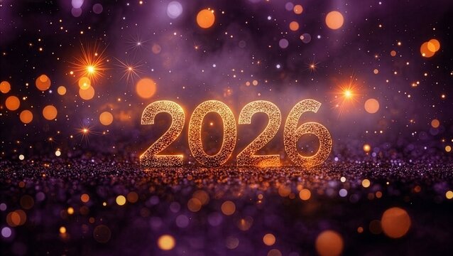 Happy New Year 2026 background with sparkling golden number and purple bokeh glitter
