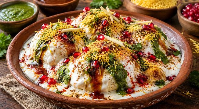 Soft dahi vada chaat topped with creamy yogurt, sweet tamarind chutney, green mint sauce, and pomegranate seeds
