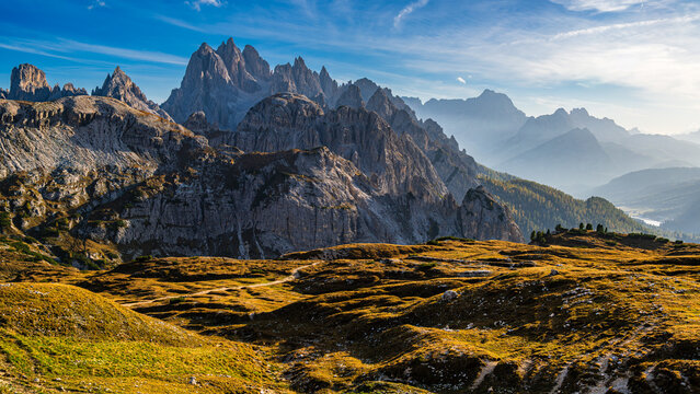 Sharp edges of Tre Cime di Lavaredo mountain area in the Sexten Dolomites of northeastern Italy.