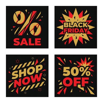 Black Friday sale labels with percentage discounts and typography on a black background