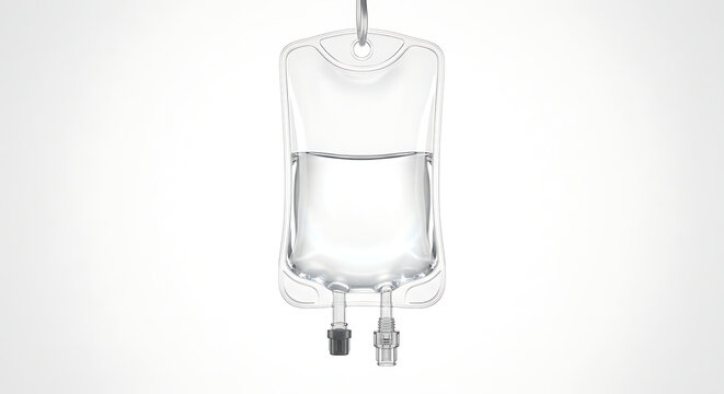 A single transparent IV fluid bag filled with clear sterile solution