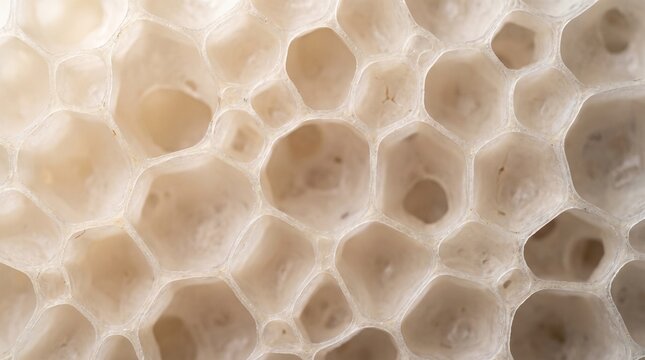 Extreme macro view of an intricate organic honeycomb structure with translucent cells and porous fibrous textures