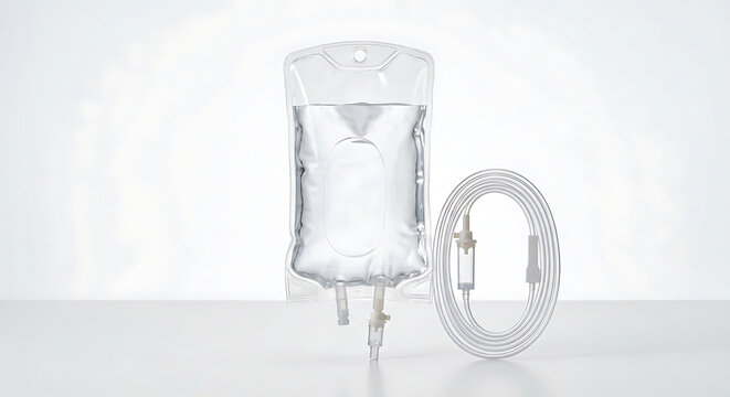 A transparent saline infusion bag containing clear fluid placed upright 