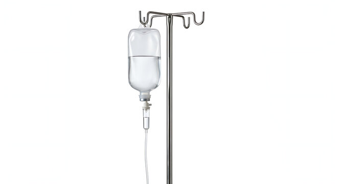 A clear IV saline bag suspended from a simple medical infusion stand