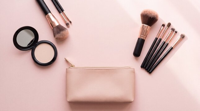 Cosmetic brushes compact and pouch rest on a pale pink background makeup vanity beauty